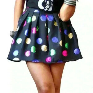 RARE TOPSHOP Premium  Black Mini Skirt Size 6 Pink Gold Polka Dots Retro Party